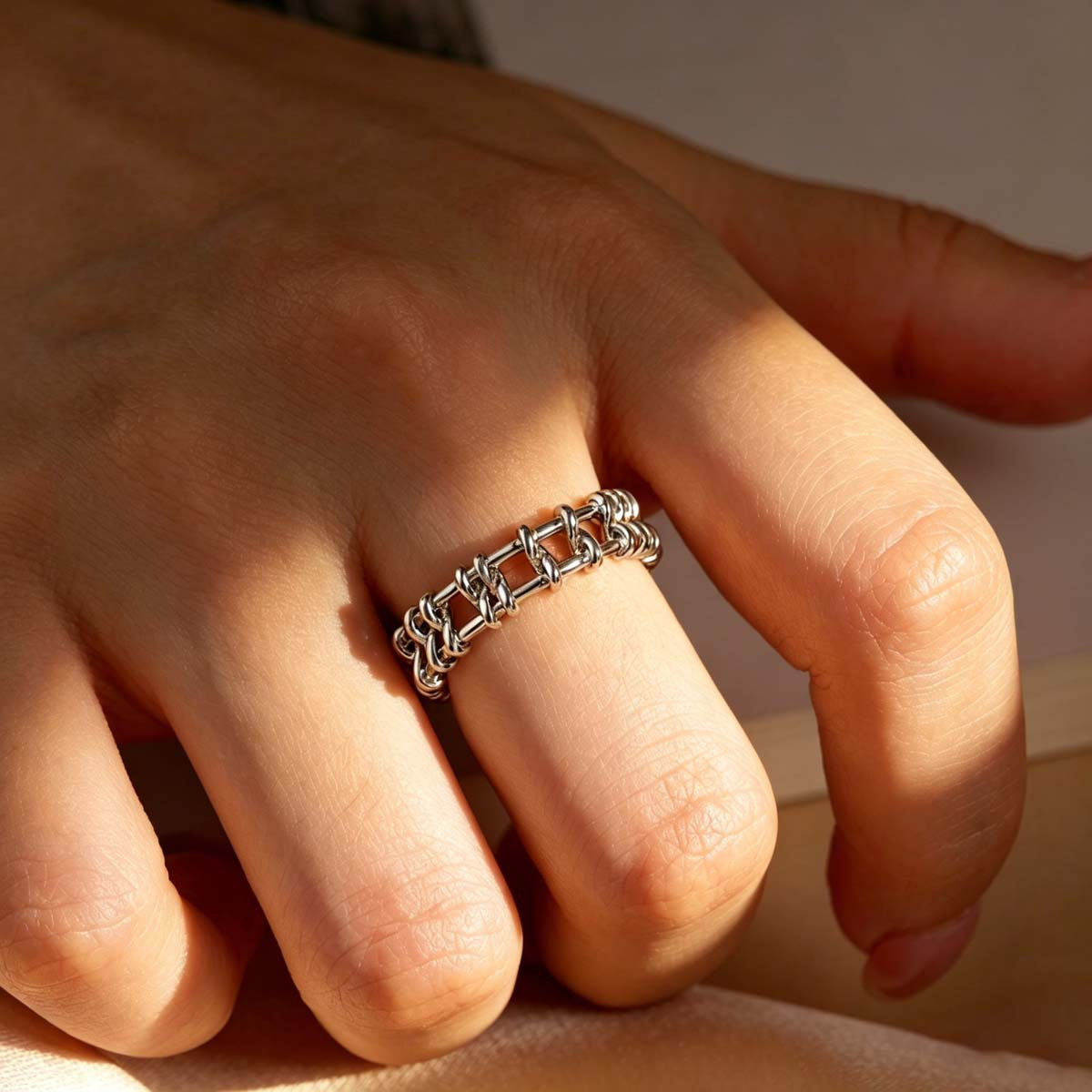 Women's Plated Chain-Link Interlinked Open Ring, Elegant Gift